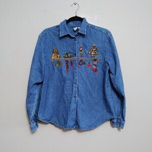 Cleo Petites Christmas Holiday  Shirt Denim Button Up Embroidered Size Medium